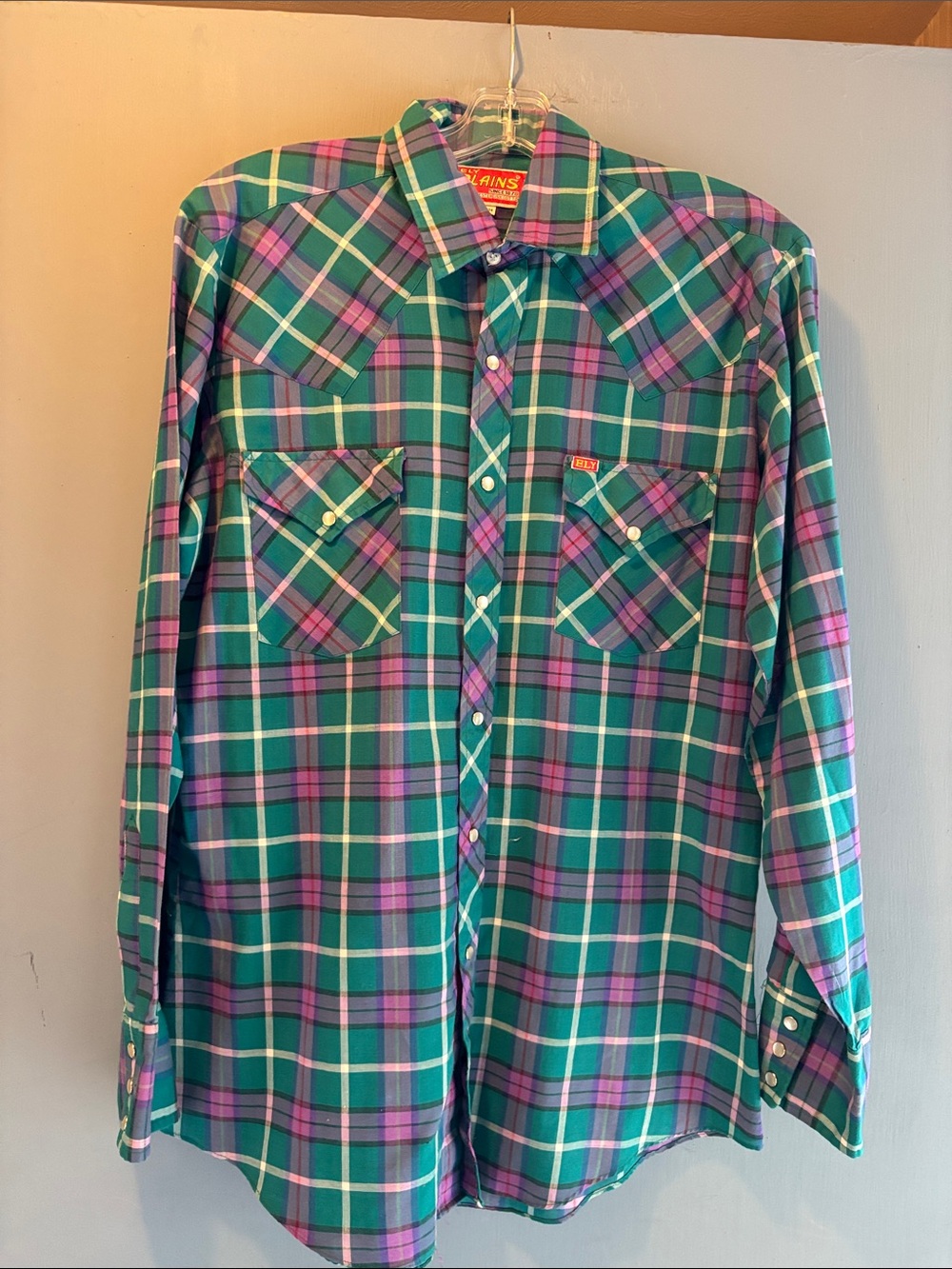Vintage 60s 70s Ely plains Teal & Purple Plaid Western Pearl Snap Shirt